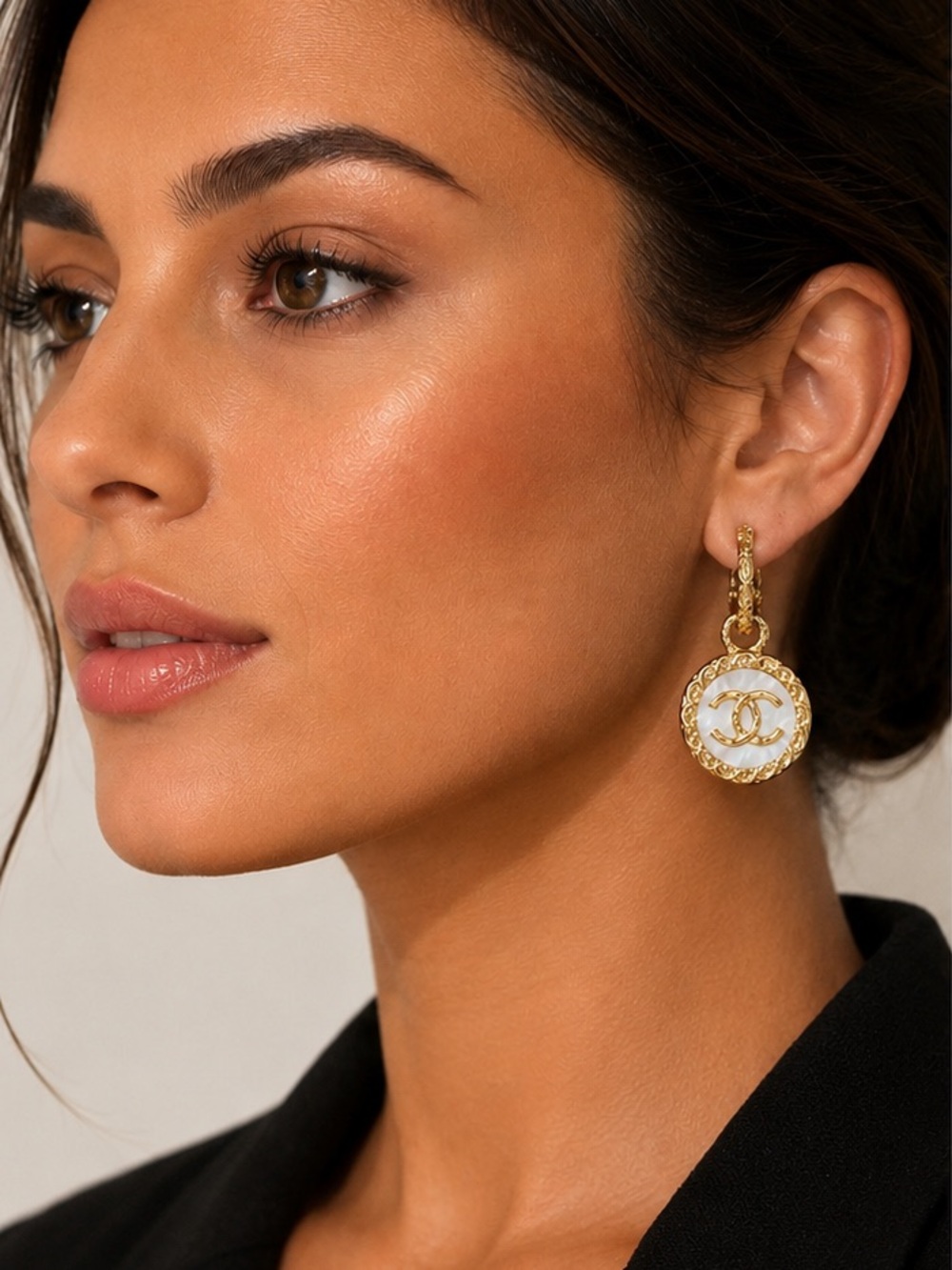 Gold-Tone Interlocking CC Pendant Hoop Earrings - Picture 2 of 4
